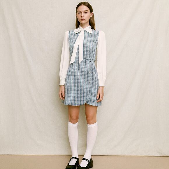 90s Clueless Preppy Style Blue Plaid Tweed Lady Dress Coquette Academia MEDIUM - Picture 2 of 10